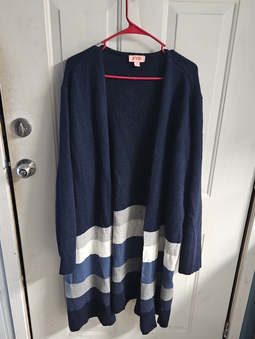 EVRI Navy Open-Front Long Cardigan with White and Gray Stripes